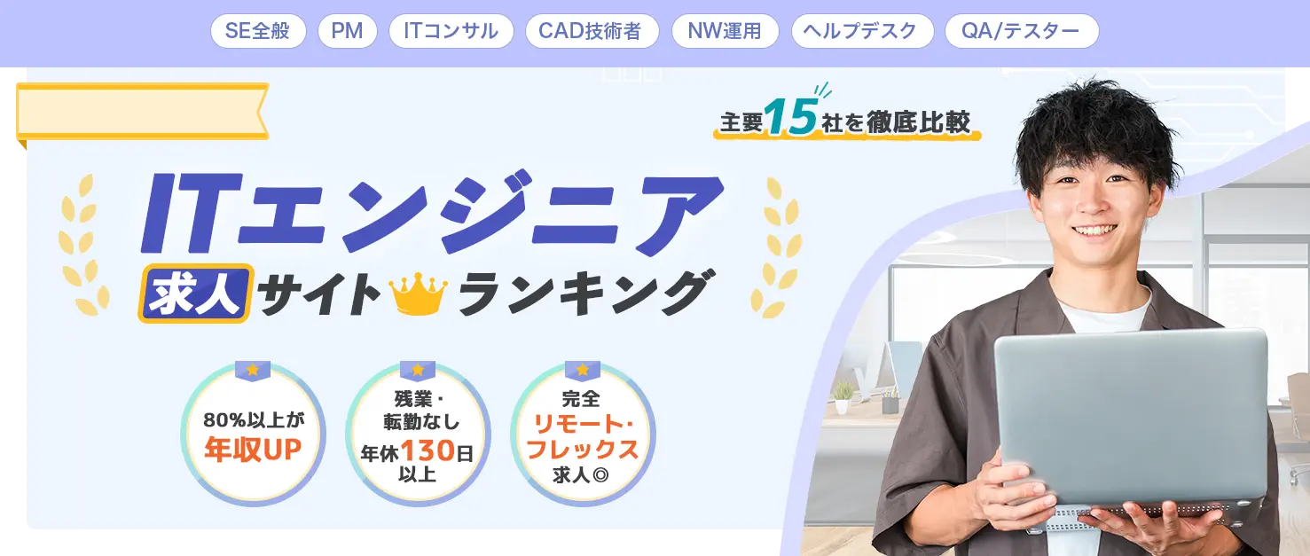 主要15社を徹底比較 ITエンジニア求人サイトランキング 年収650万円以上 年休130日 完全リモート・フレックス制度 未経験OK 平均30日間で転職可能